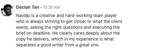 Short form email and description writing testimonial.