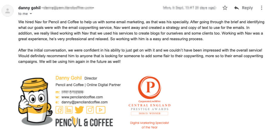 Email copy and blogs testimonial.